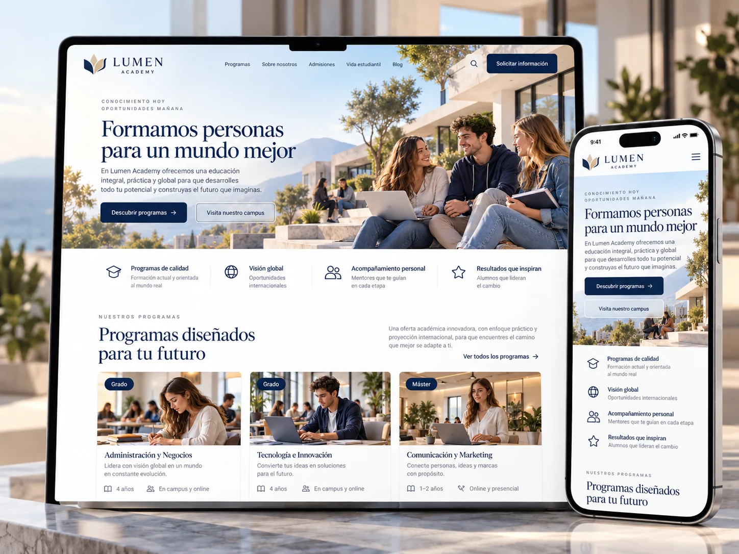 Diseño de página web para academia Lumen Academy, vista en ordenador y móvil