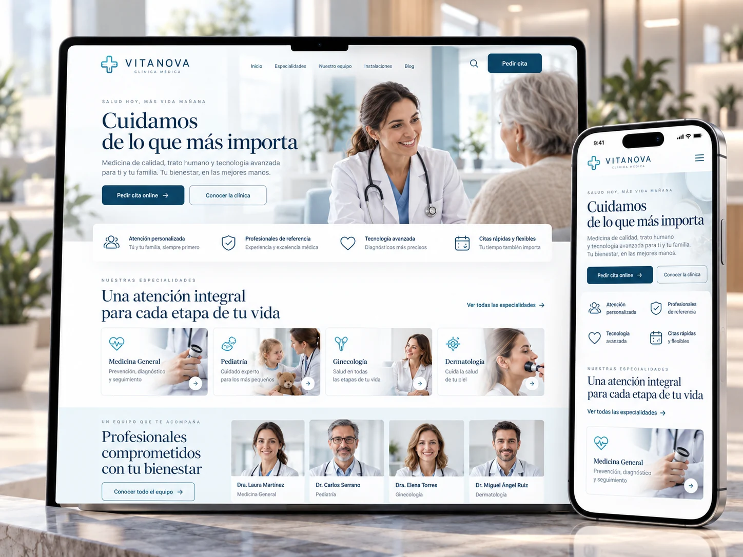 Diseño de página web para clínica Vitanova, vista en ordenador y móvil