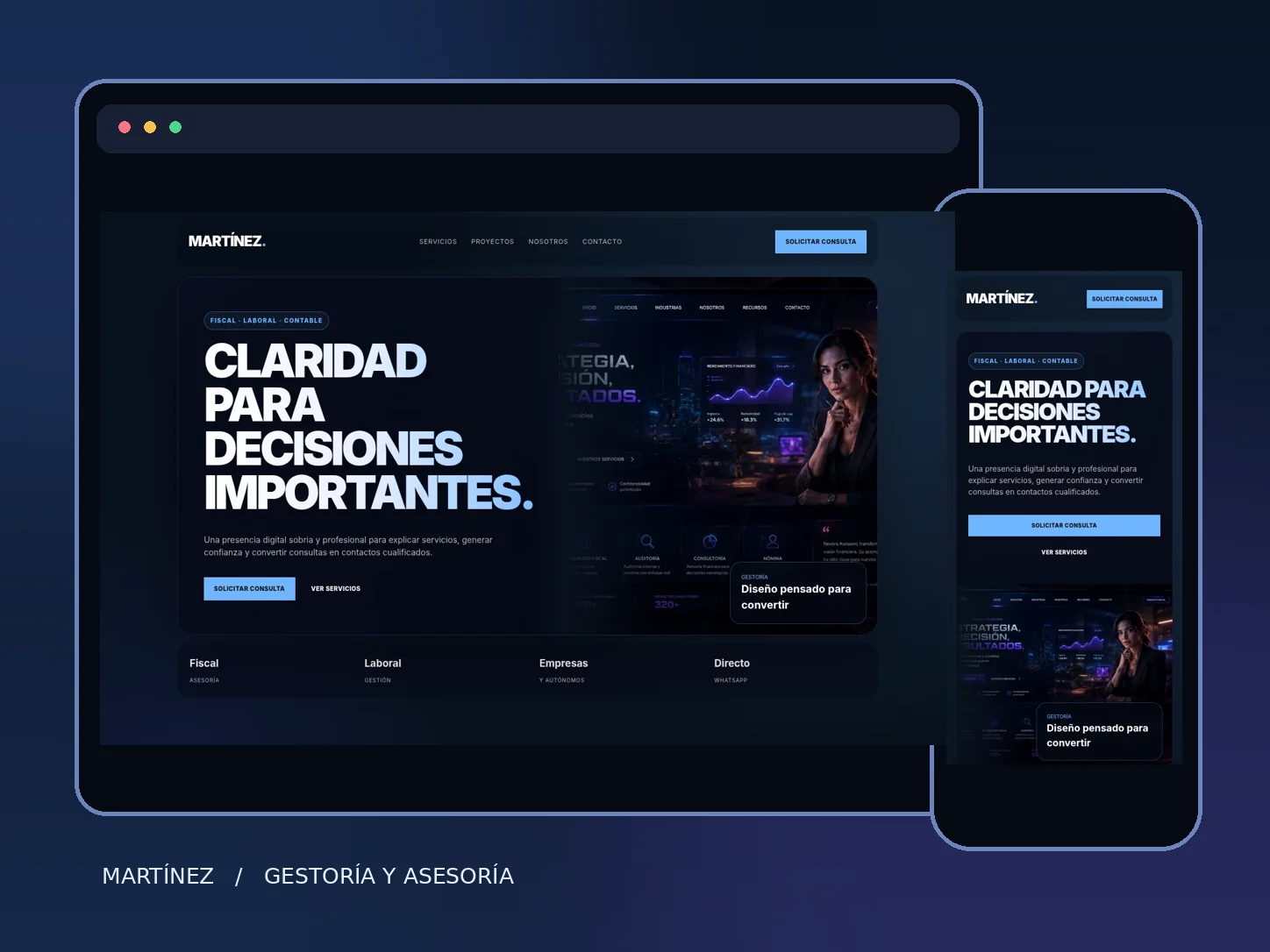 Diseño de página web para gestoría Martínez, vista en ordenador y móvil