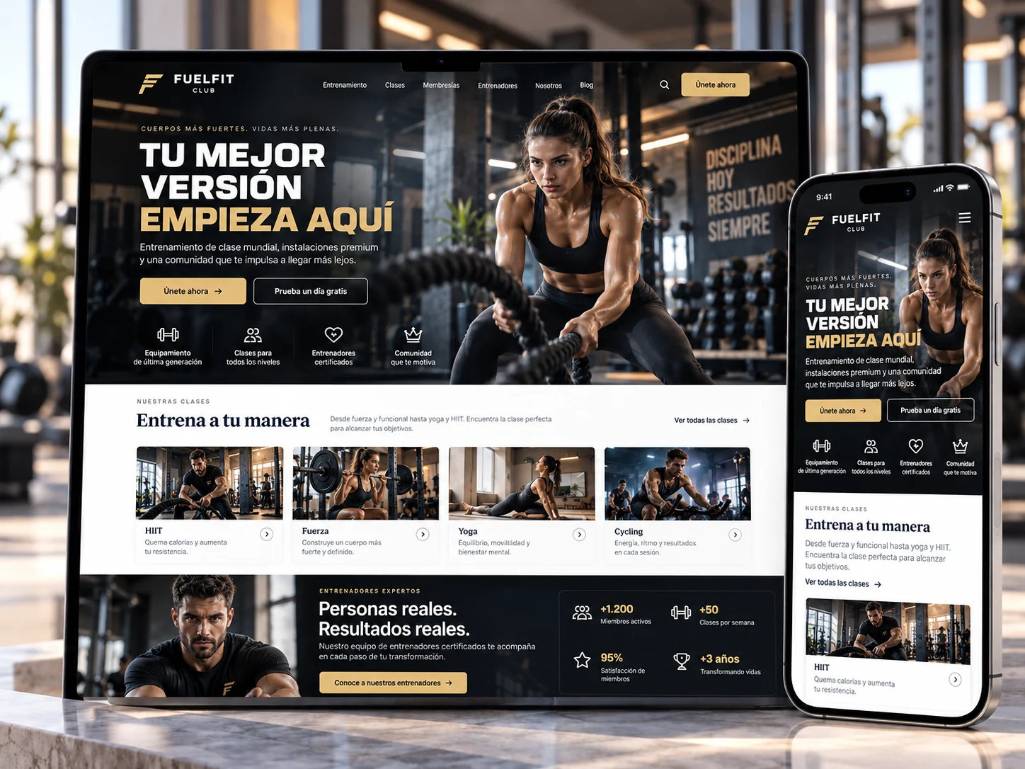 Diseño de página web para gimnasio Fuelfit Club, vista en ordenador y móvil