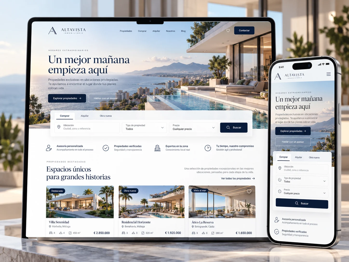 Diseño de página web para inmobiliaria Altavista, vista en ordenador y móvil