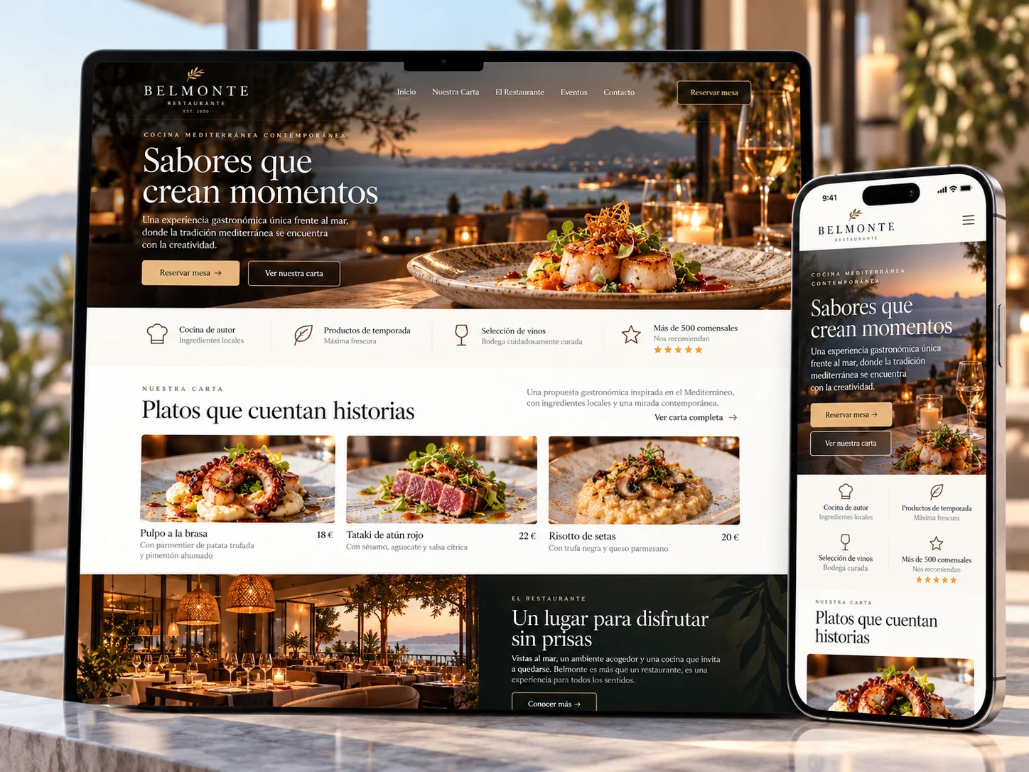 Página web de restaurante Belmonte, presentación en ordenador y teléfono móvil
