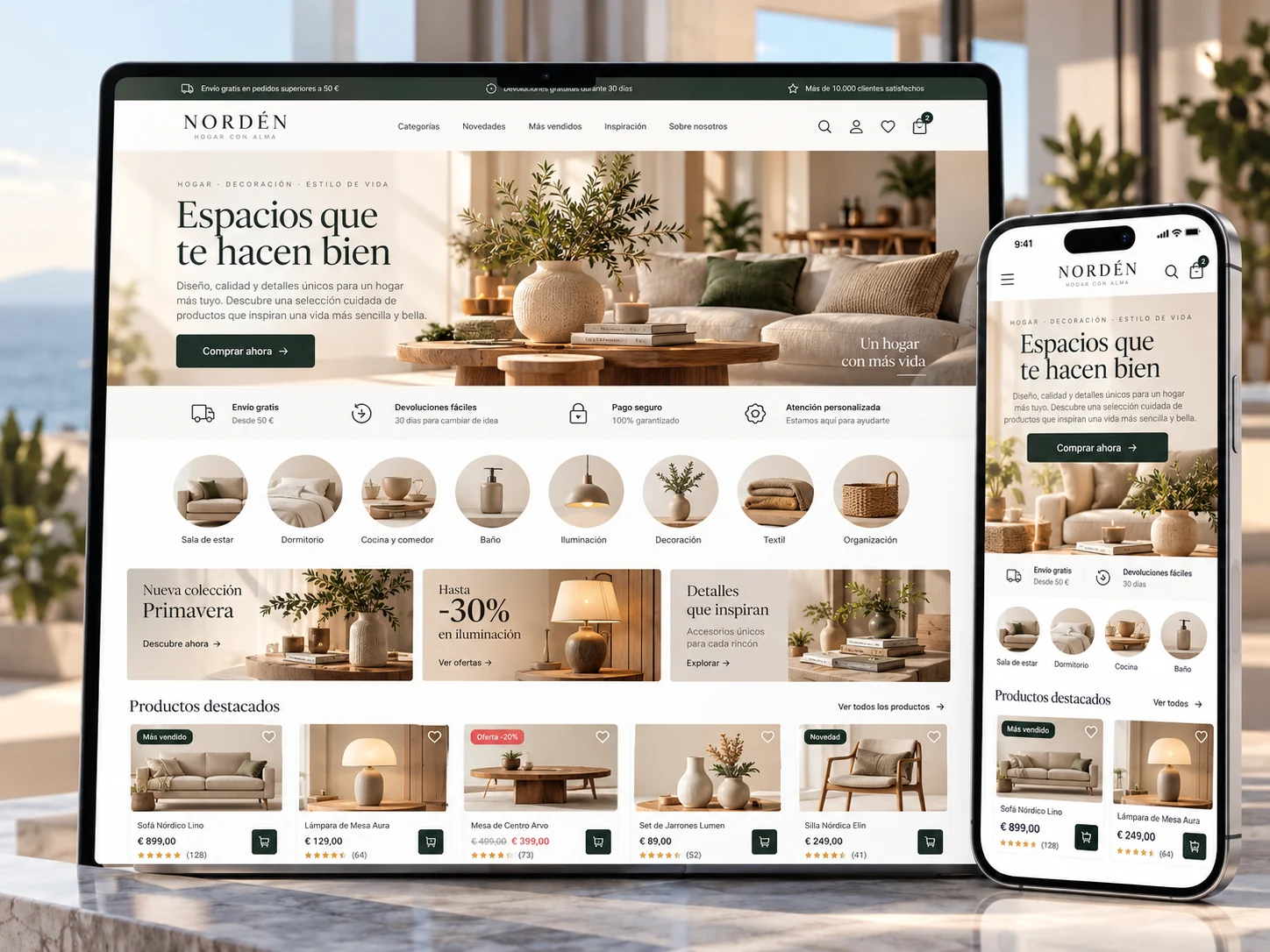 Diseño de página web para tienda online Nordén, vista en ordenador y móvil